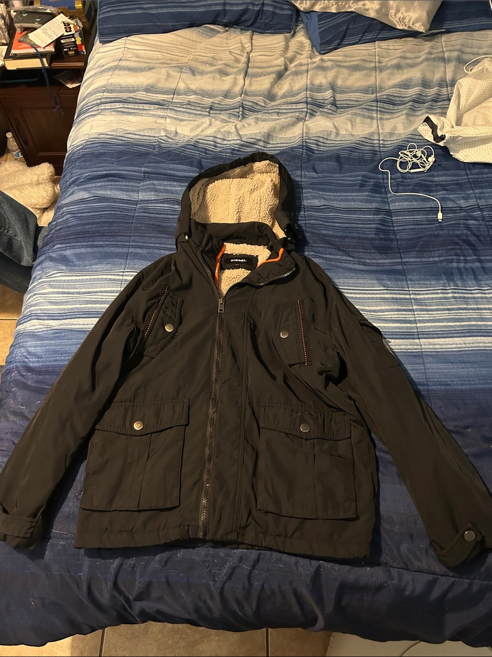 Diesel Men's Black Hooded Field Jacket with Sherpa Lining